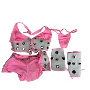 VTG Pink Cyber Rave Festival 5 Piece Womens L Grommet Chain Halter Shorts New